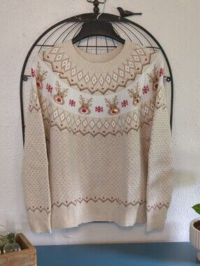 NWT Holiday Time Cream Reindeer Fair Isle Knit Sweater. Size L (12-14)